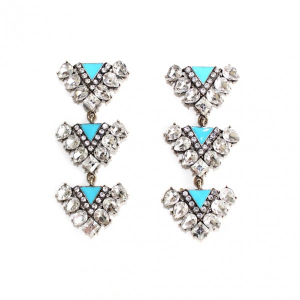 Aqua Enamel Crystal Encrusted Triads Statement Earrings